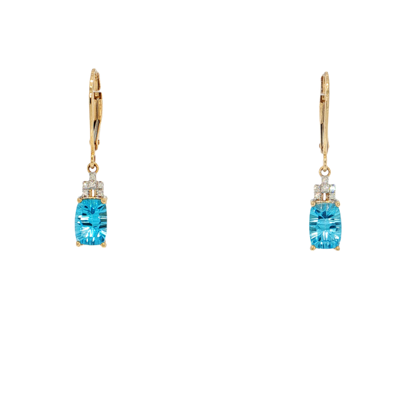 14K Yellow Gold Fantasy Cut Blue Topaz Lever Back Earrings with Diamond Accents West and Company Auburn, NY