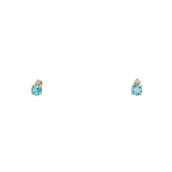 14K Yellow Gold Basket Set Blue Topaz Earrings with Diamoond Accents West and Company Auburn, NY
