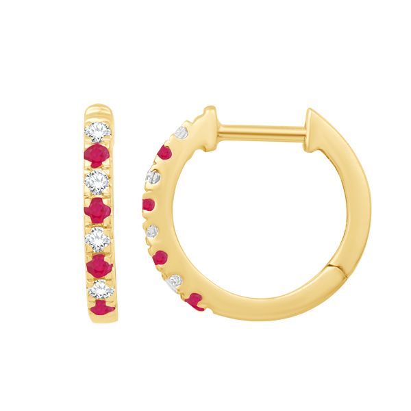 14K Yellow Gold Diamond And Ruby Huggy Hoop Earrings West and Company Auburn, NY