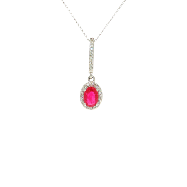 14K White Gold Ruby and Diamond Halo Pendant West and Company Auburn, NY