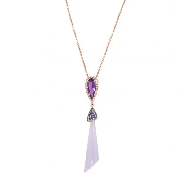 14K Rose Gold Fancy Cut Chalcedony, Sapphire, Amethyst and Diamond Pendant West and Company Auburn, NY