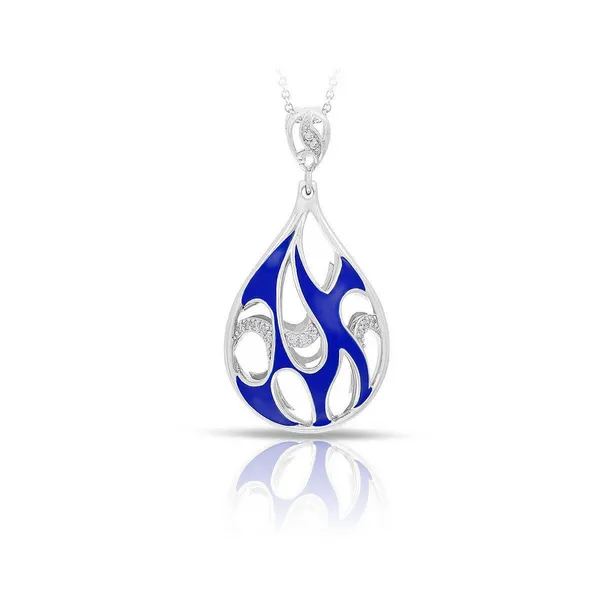 Hand-painted blue Italian enamel with pavé-set stones set into rhodium-plated, nickel allergy-free, 925 sterling silver. West and Company Auburn, NY