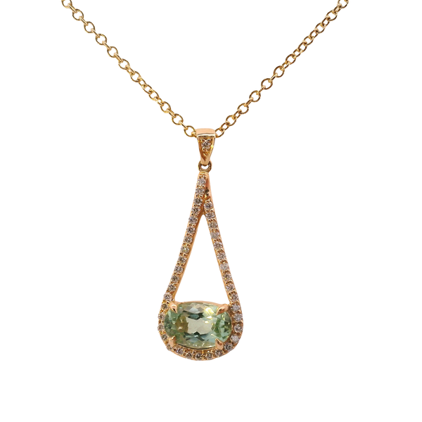 14K Yellow Gold East West Oval Mint Garnet Pendant with Diamond Frame on 18 Inch Cable Chain with Lobster Claw Clasp West and Company Auburn, NY