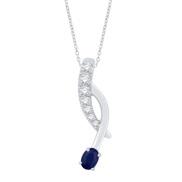 14K White Gold Sapphire and Diamond Curve Design Pendant with Compimentary Presentation Chain West and Company Auburn, NY