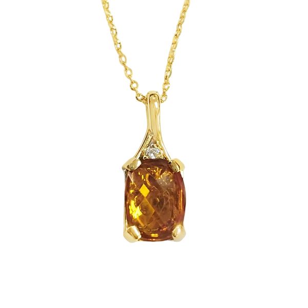 14K Yellow Gold Cushion Checkerboard Cut Citrine Pendant with Diamond Accent and Adjustable Chain West and Company Auburn, NY