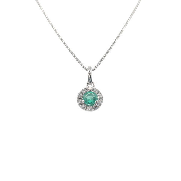 14K White Gold Emerald and Diamond Halo Neckalce West and Company Auburn, NY