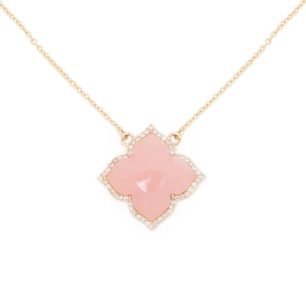 14K Yellow Gold Pink Opal and Diamond Clover Necklace West and Company Auburn, NY
