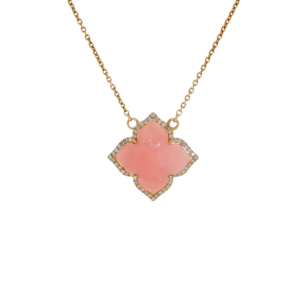 14K Yellow Gold Pink Opal and Diamond Clover Necklace West and Company Auburn, NY