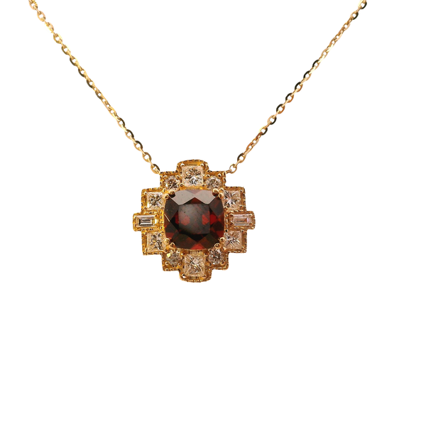 14K Yellow Gold Cushion Cut Garnet Necklace with Princess Cut, Baguette, and Round Diamonds and Milgrain Detail and Adjustable Chain West and Company Auburn, NY