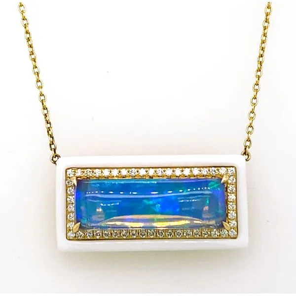 14K Yellow Gold Opal and Diamond East West Necklace with White Enamel Frame and Diamond Cut Cable Chain West and Company Auburn, NY