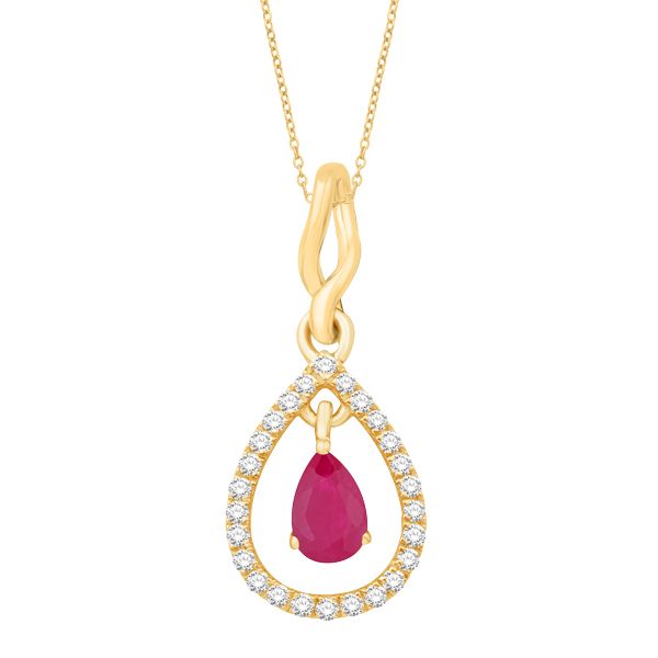14K Yellow Gold Pear Shaped Ruby and Diamond Pendant with Complimentary Presentation Chain West and Company Auburn, NY