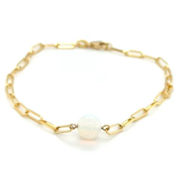 14K Yellow Gold 7mm Opal Sphere Paperclip Bracelet with Lobster Claw Clasp West and Company Auburn, NY