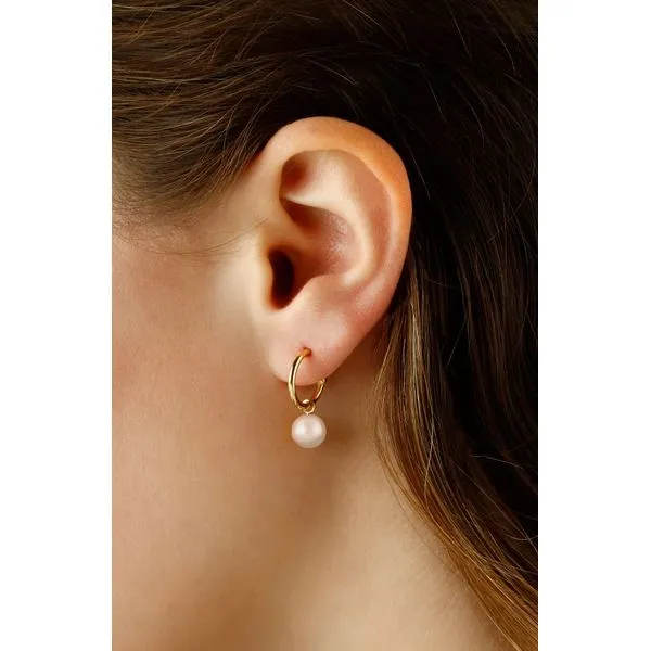 14K Yellow Gold 1.5mm Hoop Earring with 6mm Pearl Dangle Charms and Snap Bar Closure Image 2 West and Company Auburn, NY