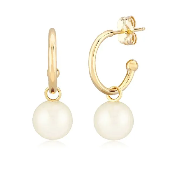 14K Yellow Gold 1.5mm Hoop Earring with 6mm Pearl Dangle Charms and Snap Bar Closure West and Company Auburn, NY