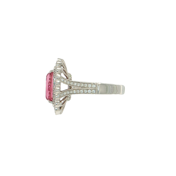 14K White Gold PinkTourmaline and Diamond Ring with Scalloped Halo, Milgrain Detail and  Split European Shank Image 2 West and Company Auburn, NY