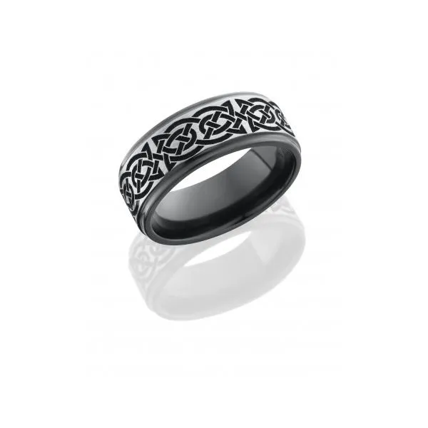 Zirconium 8mm Flat Band with Grooved Edges and Laser Carved Celtic Pattern West and Company Auburn, NY