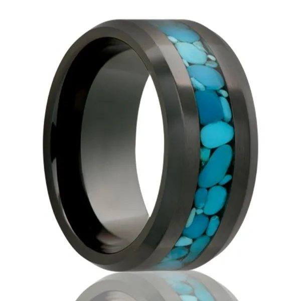 8mm Black Ceramic Beveled Band With 3mm Blue Turquoise Inlay Size 10 West and Company Auburn, NY