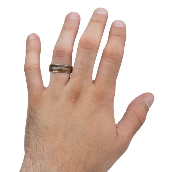 Stainless Steel Ring with Meteorite and Whiskey Barrel Wood Inlay 8mm Size 11 Image 2 West and Company Auburn, NY