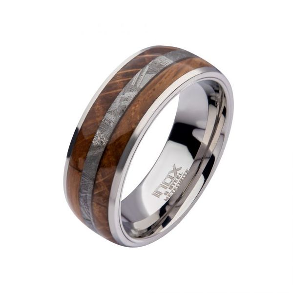 Stainless Steel Ring with Whiskey Barrel and Meteorite Inlay West and Company Auburn, NY