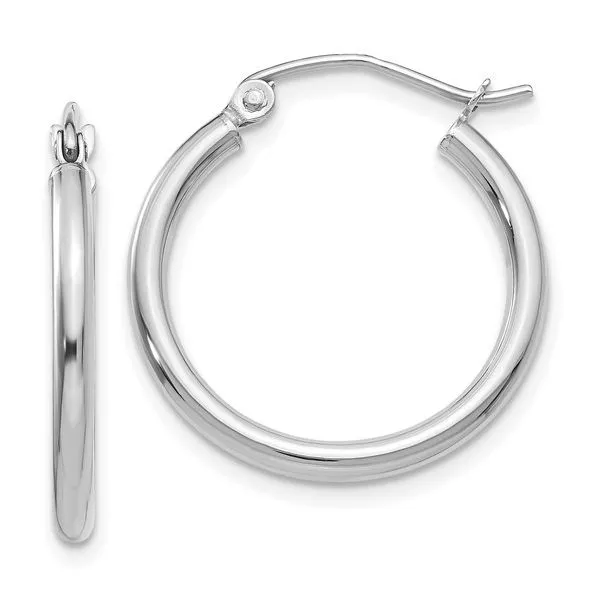 10K White Gold 2mm Tube Hoop Earrings with Snap Bar Closure West and Company Auburn, NY
