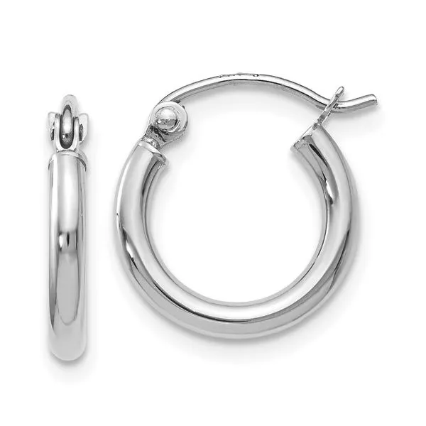 10K White Gold High Polished Hoop Earrings With Snap Bar Closure West and Company Auburn, NY