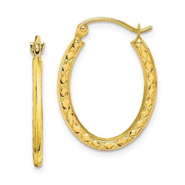 10K Yellow Gold Textured Oval Hoop Earrings with Snap Bar Closure West and Company Auburn, NY