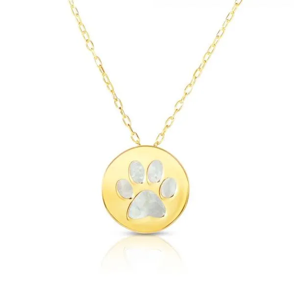 14K Yellow Gold Paw Print Necklace with Mother of Pearl Inlay on an 18-Inch Chain West and Company Auburn, NY
