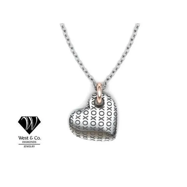Sterling Silver Custom Puffed Heart with Engraved XOXO Pattern. 14K Rose Gold accent on an 18
