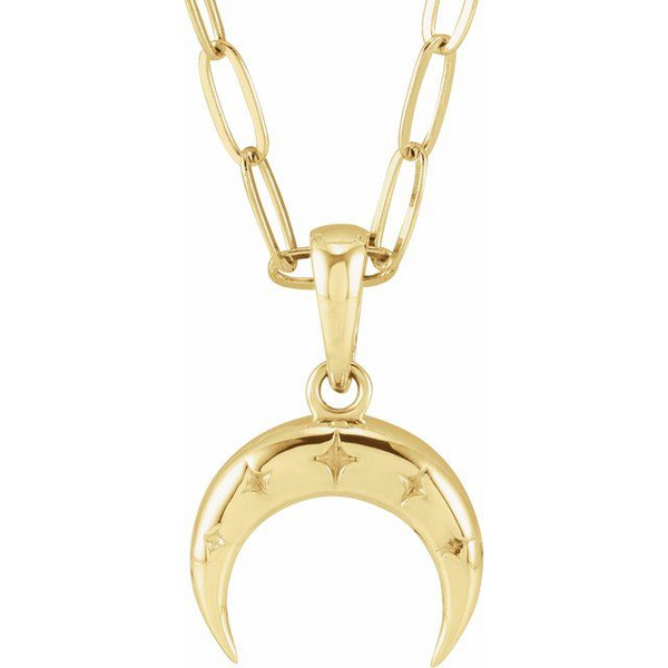 14K Yellow Gold Crescent Pendant on 18-Inch Paperclip Chain with Lobster Claw Clasp West and Company Auburn, NY