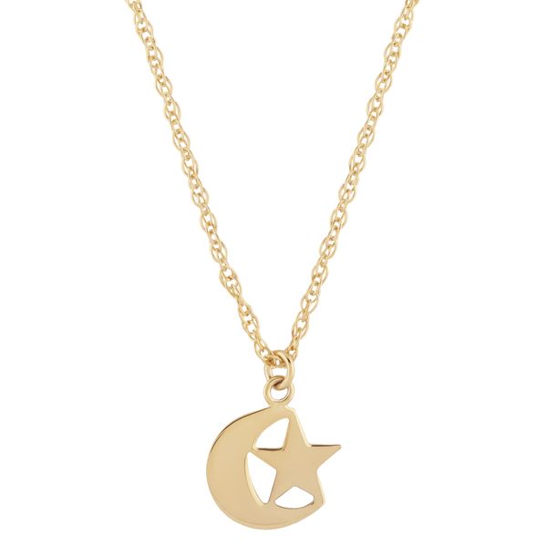 14K Yellow Gold Star and Moon Pendant on 18- Inch Fine Rope Chain with Spring Ring Clasp Image 2 West and Company Auburn, NY