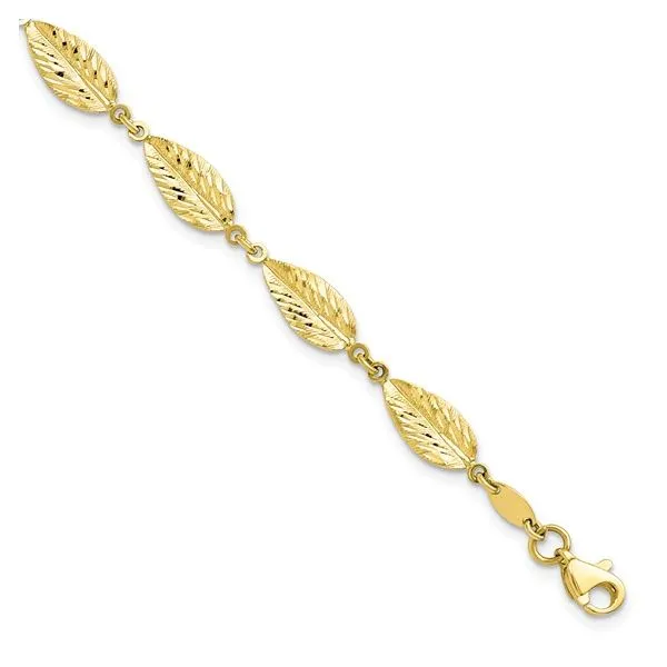 10K Yellow Gold Diamond Cut Patterned Leaf Bracelet With Lobster Claw Clasp 7.25 Inches West and Company Auburn, NY