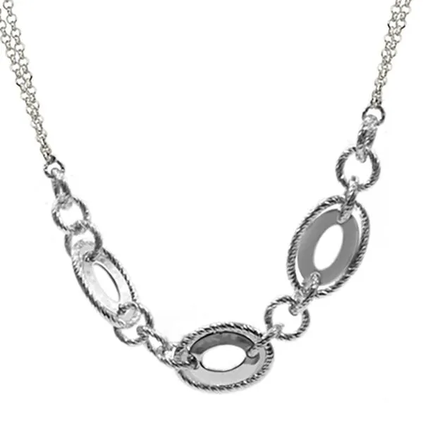 Sterling Silver  Oval Link Necklace with Patterned Detail and Double Adjustable Chain-Lobster Claw Clasp West and Company Auburn, NY
