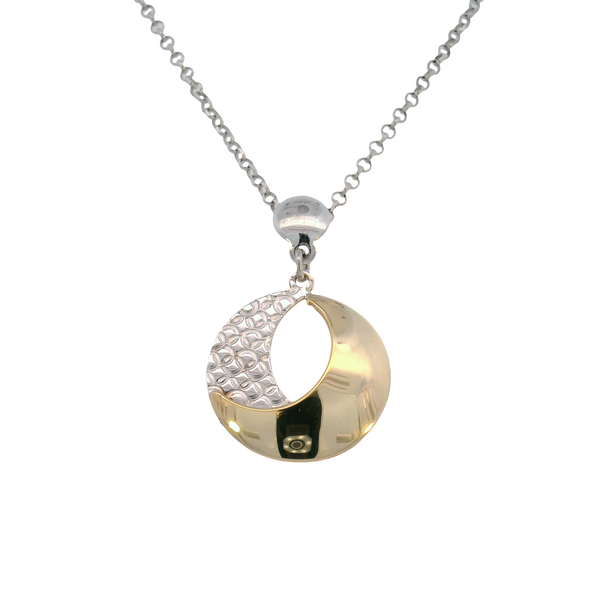 Sterling Silver and Yellow Gold Plated Polished and Textured Circle Pendant with Adjustable Chain West and Company Auburn, NY