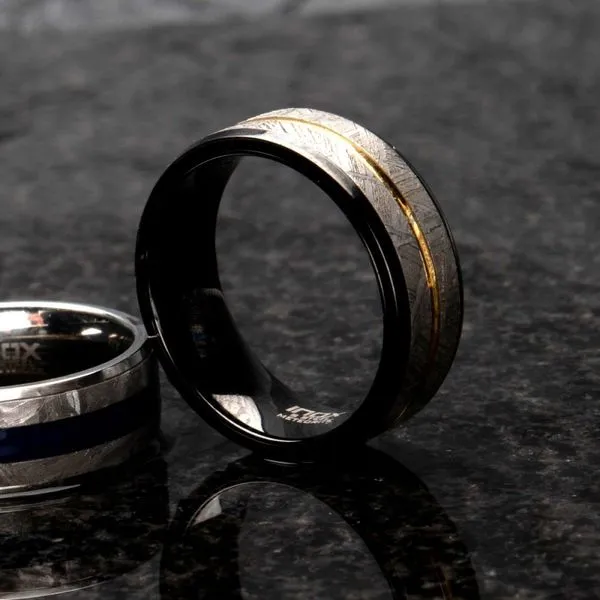 8mm Gold IP & Meteorite Inlay Black IP Comfort Fit Ring. Available sizes: 9,10 and 12 -SIZE 10 Image 2 West and Company Auburn, NY