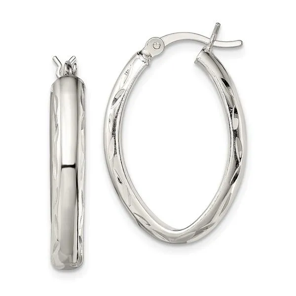 Sterling Silver Oval High Polished Hoops With Diamond Cut Edge and Snap Bar Closure West and Company Auburn, NY