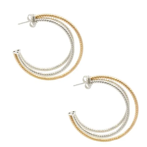 Sterling Silver and Yellow Gold Plated Triple Hoop with Patterned Diamond Cut Design West and Company Auburn, NY