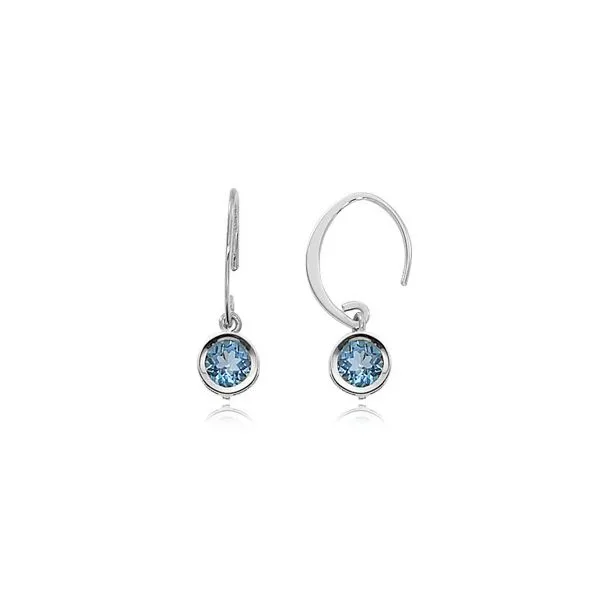 Sterling Silve Mini Swoop Earrings with 6mm Blue Topaz Bezel Set Dangle West and Company Auburn, NY