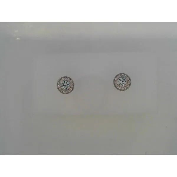 Platinum Finish Sterling Silver Micropave Round Simulated Aquamarine Earrings with Simulated Diamonds West and Company Auburn, NY