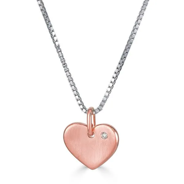 Sterling Silver and Rose Gold Plated Matte Heart Pendant with Diamond Accent on an 18 Inch Box Chain with Lobster Claw Clasp West and Company Auburn, NY
