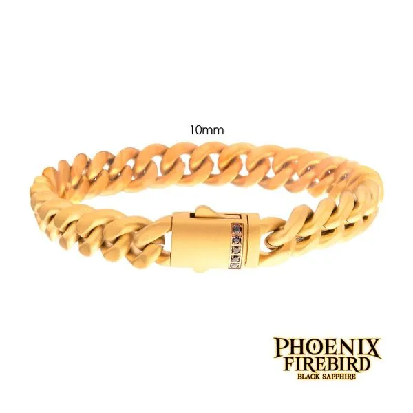 10mm 18Kt Gold IP Steel Matte Finish Miami Cuban Chain Bracelet with Genuine Black Sapphire - 8IN West and Company Auburn, NY