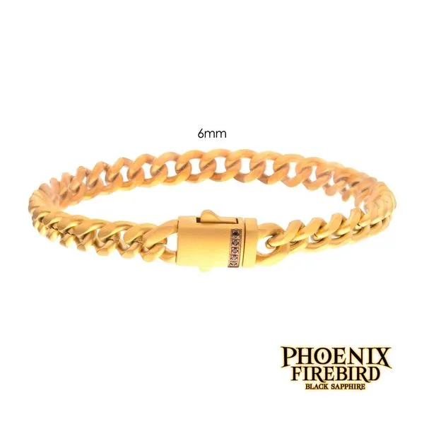 6mm 18Kt Gold IP Steel Matte Finish Miami Cuban Chain Bracelet with Genuine Black Sapphire 7.5IN West and Company Auburn, NY
