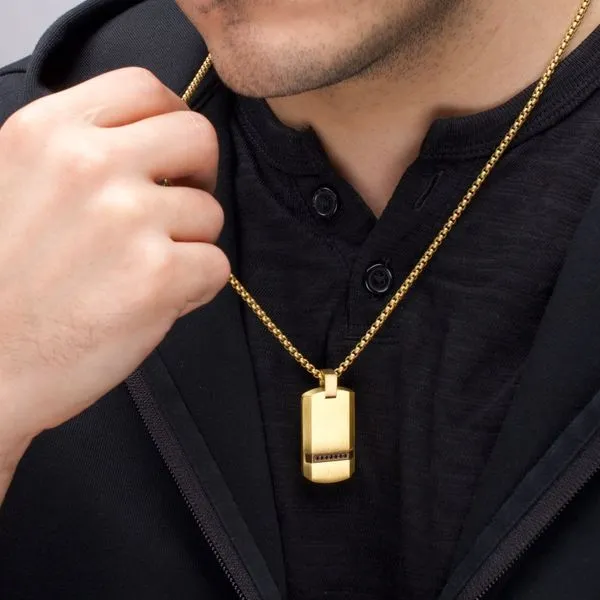 18Kt Gold IP Steel Matte Finish Dog Tag Pendant with 1.3mm Genuine Black Sapphire -24IN Image 3 West and Company Auburn, NY