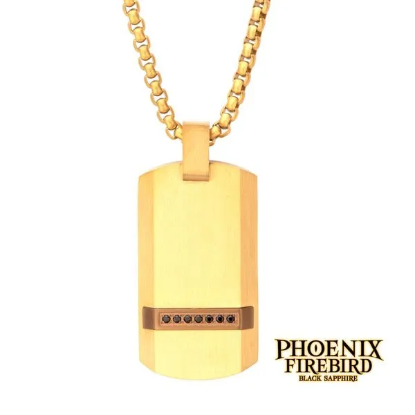18Kt Gold IP Steel Matte Finish Dog Tag Pendant with 1.3mm Genuine Black Sapphire -24IN West and Company Auburn, NY