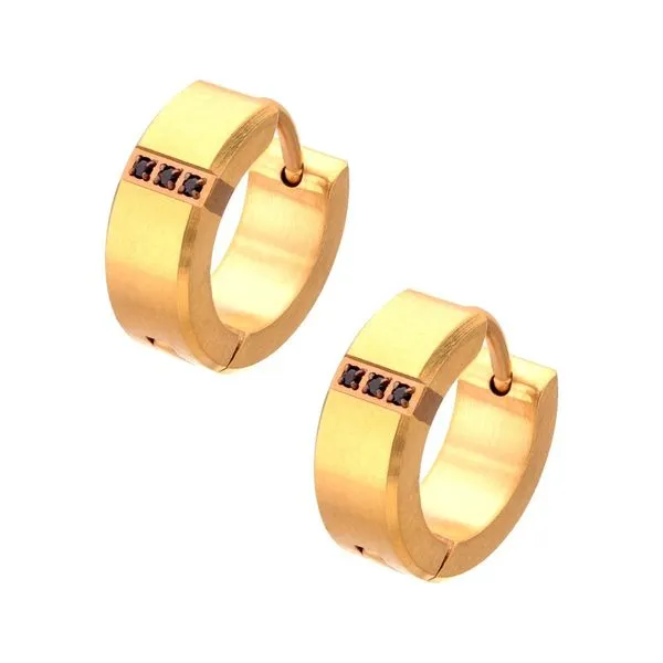 18Kt Gold IP Steel Matte Finish Huggie Earrings with Genuine Black Sapphire Image 2 West and Company Auburn, NY