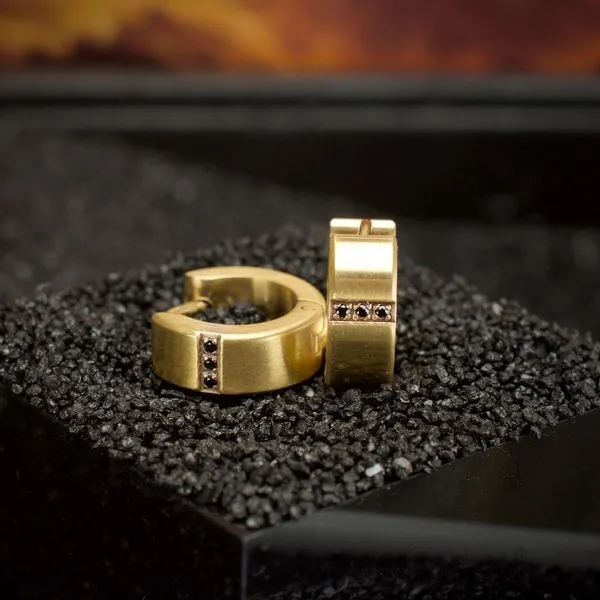 18Kt Gold IP Steel Matte Finish Huggie Earrings with Genuine Black Sapphire Image 3 West and Company Auburn, NY