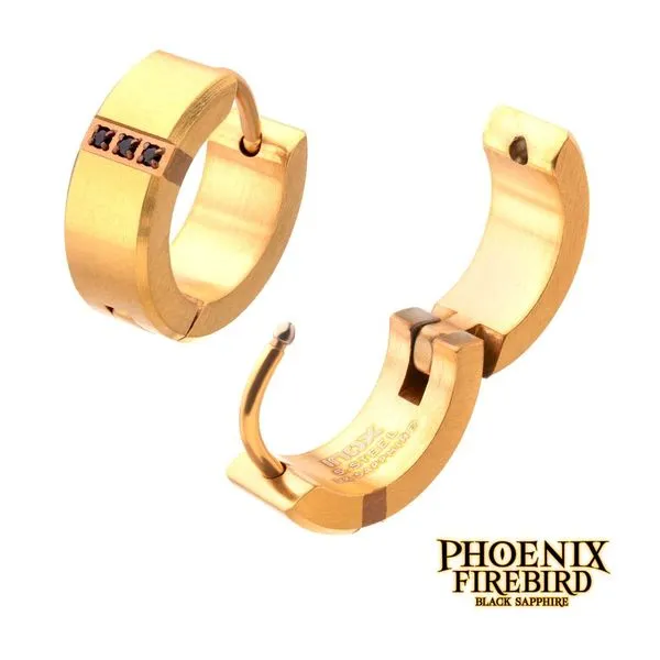 18Kt Gold IP Steel Matte Finish Huggie Earrings with Genuine Black Sapphire West and Company Auburn, NY