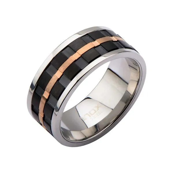 Stainless Steel Black IP and Rose Gold IP Groove Spinner Ring Size 8 (Center Spins - Fidget Ring) West and Company Auburn, NY