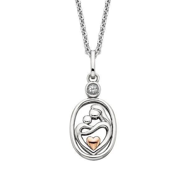 Sterling Silver Mother and Child Pendant with Rose Colored Heart Accent, Bezel Set CZ, and Adjustable Chain 18-20IN West and Company Auburn, NY