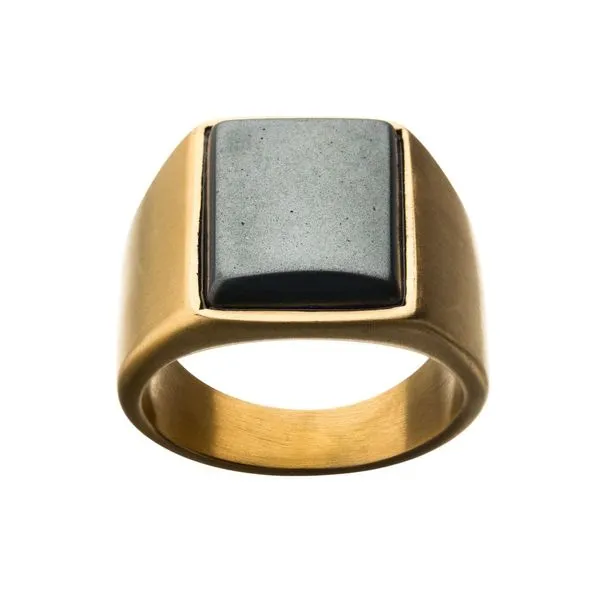 Stainless Steel Matte Gold IP Signet Ring with Polished Hematite -Size 12 West and Company Auburn, NY