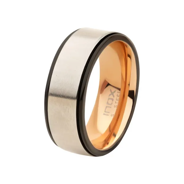 Stainless Steel Matte Finish with Rose Gold IP & Black IP 8mm Comfort Fit Ring Size 11 Image 2 West and Company Auburn, NY